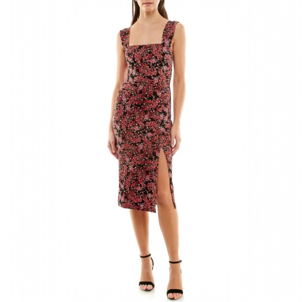 Socialite Floral Midi Dress Womens Medium Dark Romantic Black Side Slit Feminine
